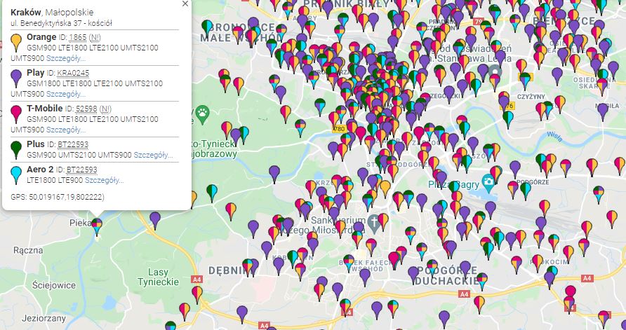 Anteny na klasztorze są jedynymi na obszarze Tyńca/ Wycinek mapy ze strony btsearch.pl