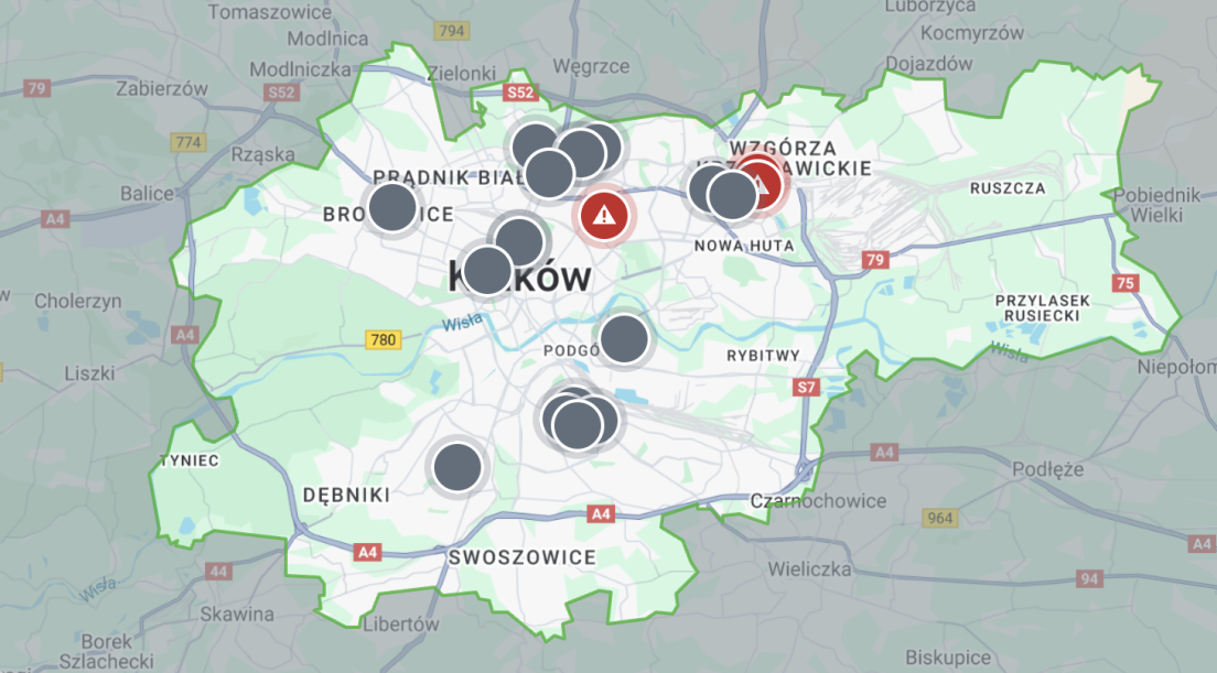 Mapa awarii - sceen z informatora MPWIK