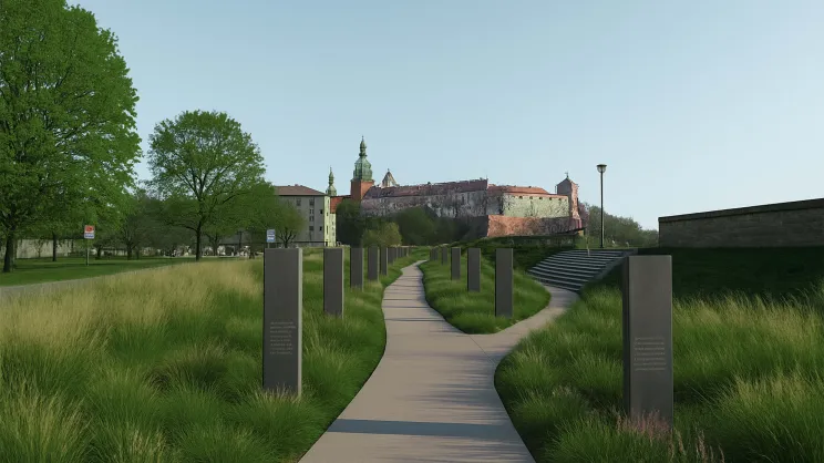 Proponowana aranżacja przestrzeni zielonej – linearna ławka jako element porządkujący ruch pieszy oraz budujący relację użytkownika z krajobrazem Wzgórza Wawelskiego.