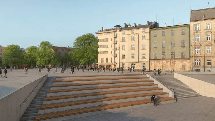Strefa otwarta – widok na układ schodów terenowych oraz wielofunkcyjny plac przeznaczony do wydarzeń i rekreacji.