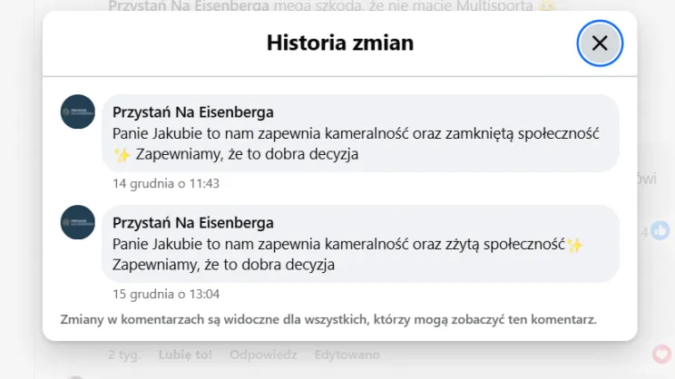 Screen z FB operatora obiektu