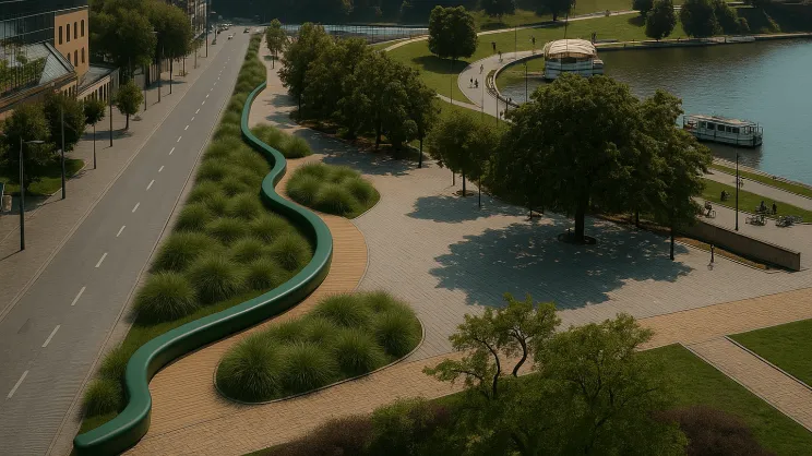 Widok na park – koncepcja zakłada powstanie ogrodu angielskiego z bogatą roślinnością oraz miejscami do siedzenia i integracji.