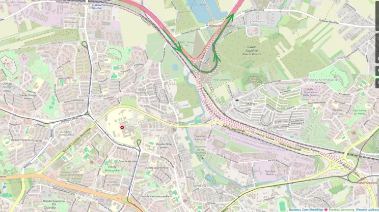 Mapa pokazująca nową łącznicę na węźle Mistrzejowice