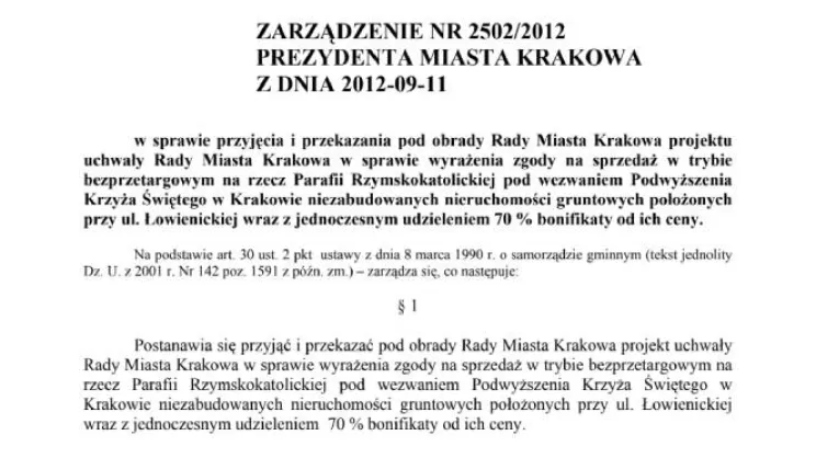 Zarządzenie Prezydenta Miasta Krakowa z 2012 roku