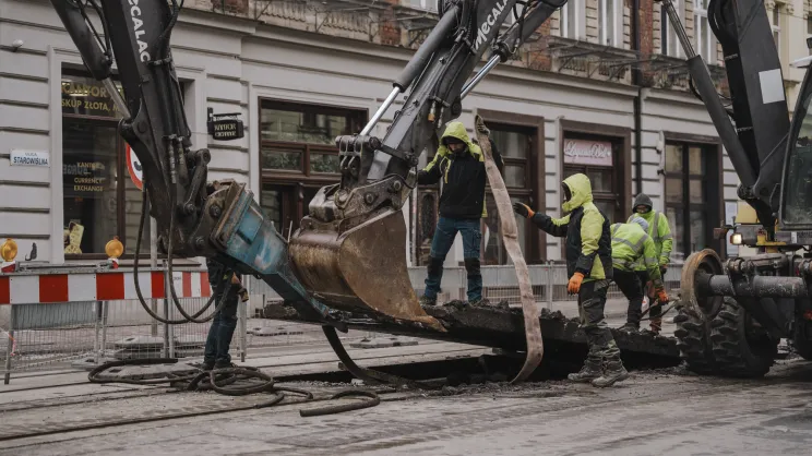 Prace remontowe na zamkniętej ulicy Starowiślnej w Krakowie, wstrzymany ruch tramwajowy i ograniczony ruch samochodowy.