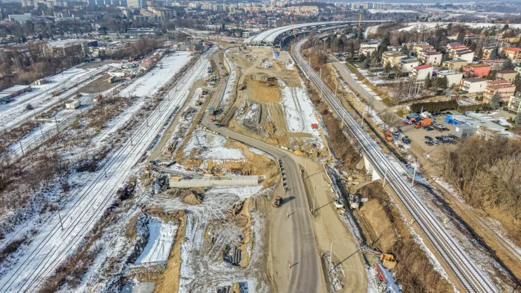 Budowa drogi S7 między węzłami Grębałów i Mistrzejowice, stan z lutego 2026