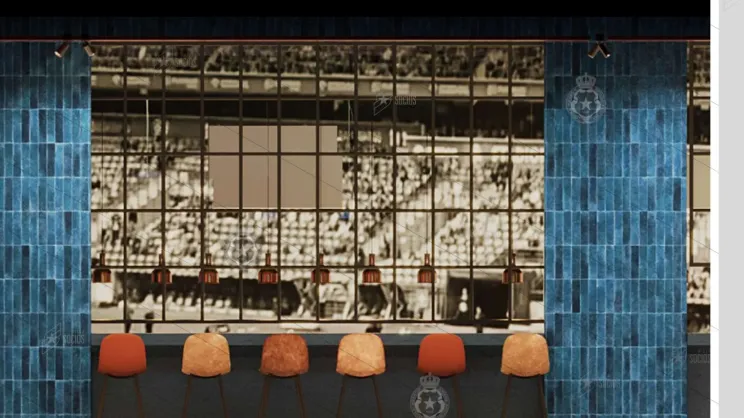 Wizualizacja wnętrza restauracji na stadionie Wisły