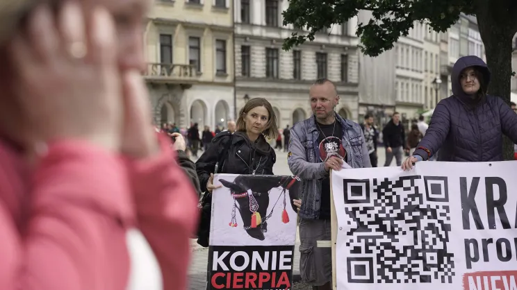 Protest na rynku głównym przeciwko dorożkom