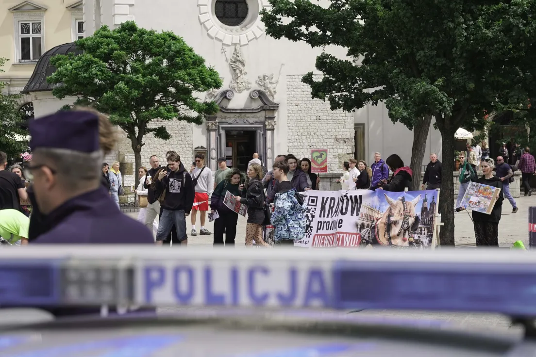 Protest na rynku głównym przeciwko dorożkom
