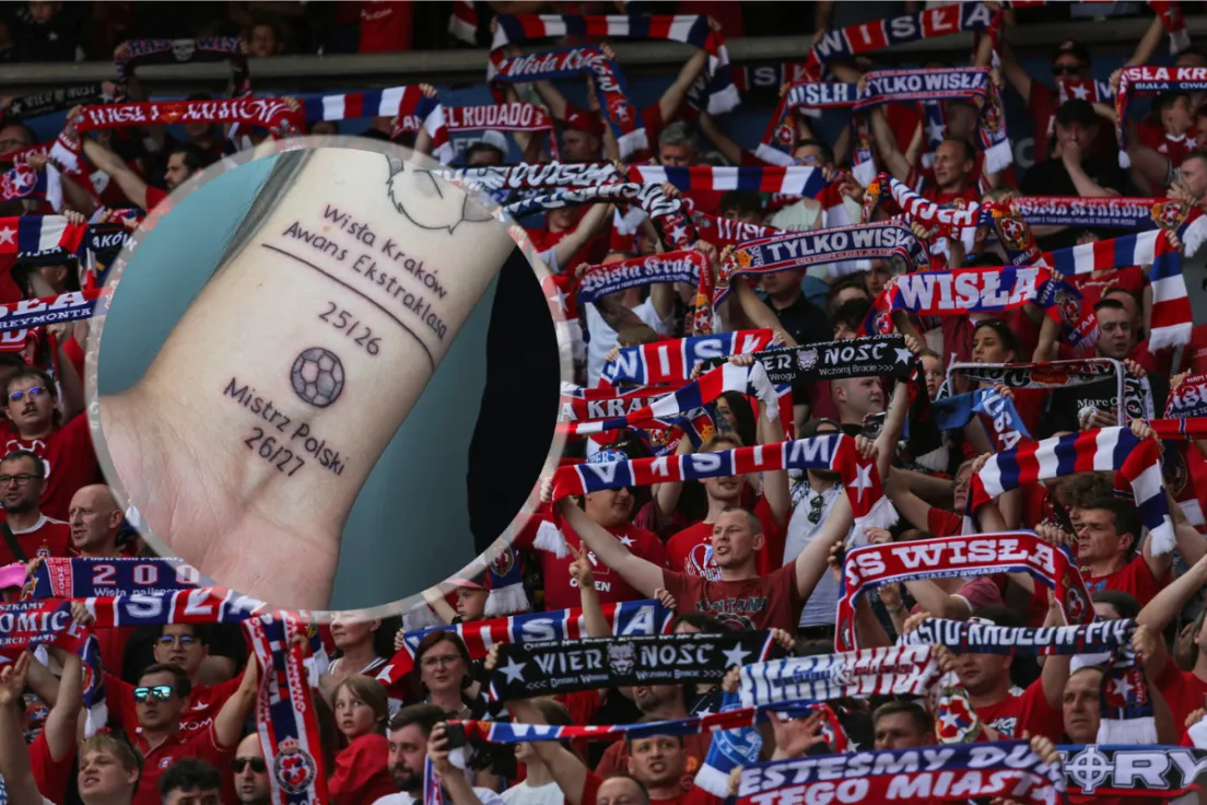 Tatuaż kibica Wisły Kraków z prognozą mistrzostwa Polski w 2027 roku