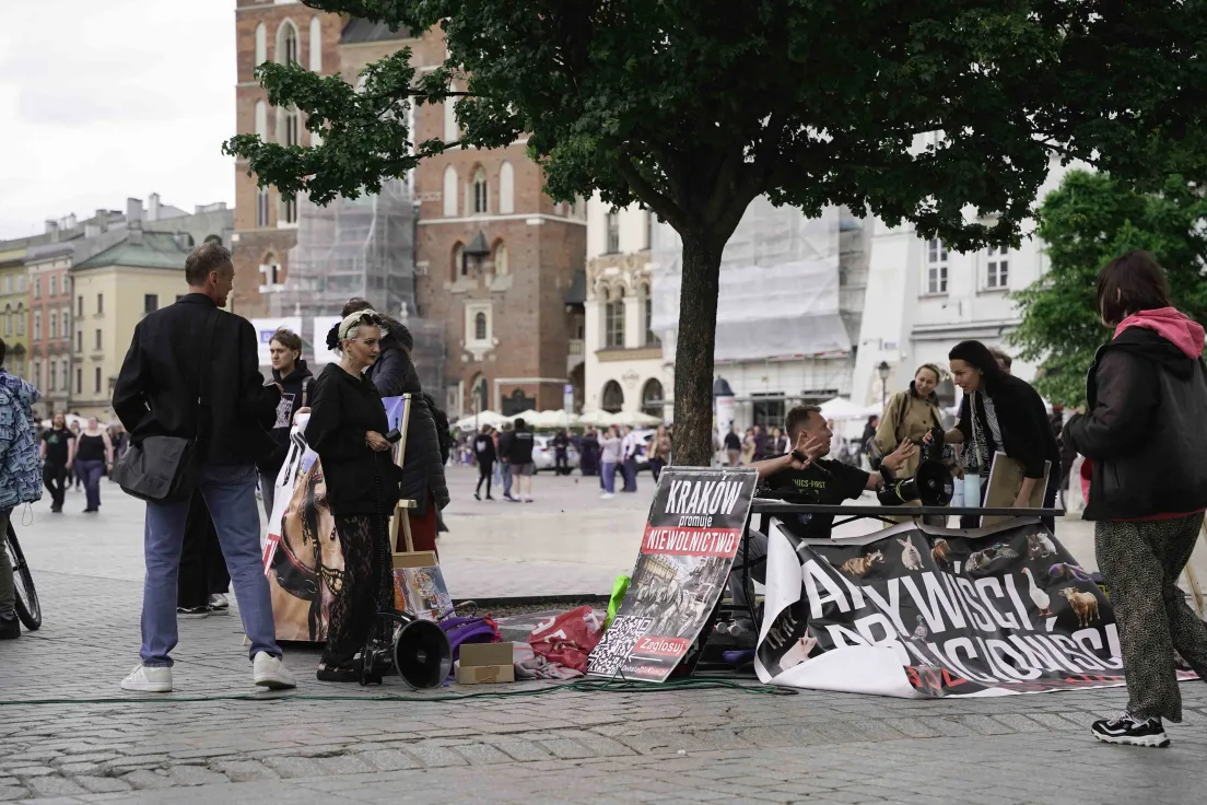 Protest na rynku głównym przeciwko dorożkom