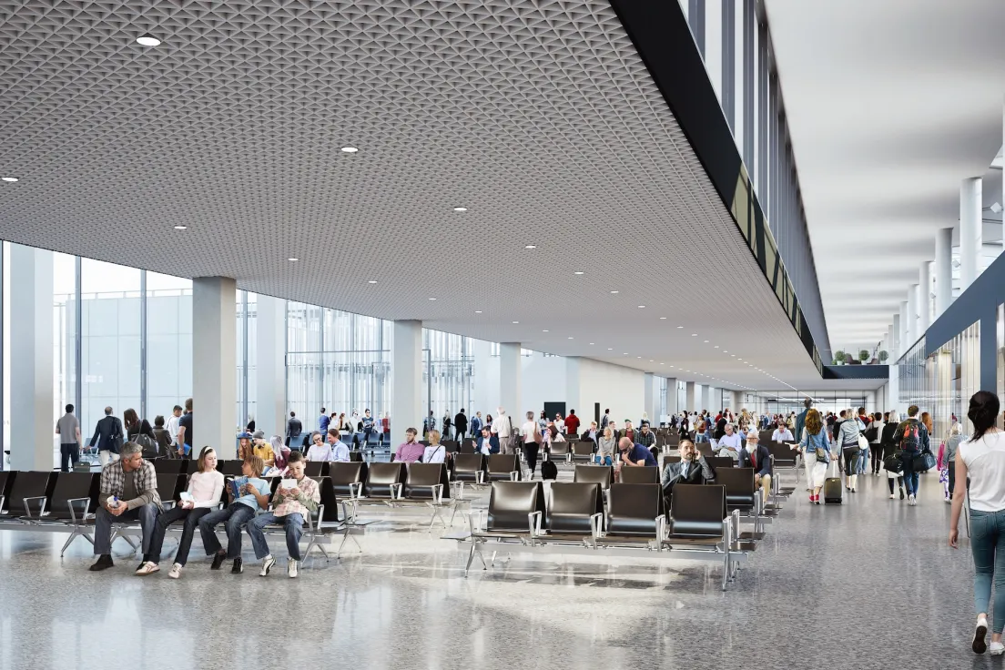 Nowy terminal Kraków Airport - wizualizacja poczekalni Schengen
