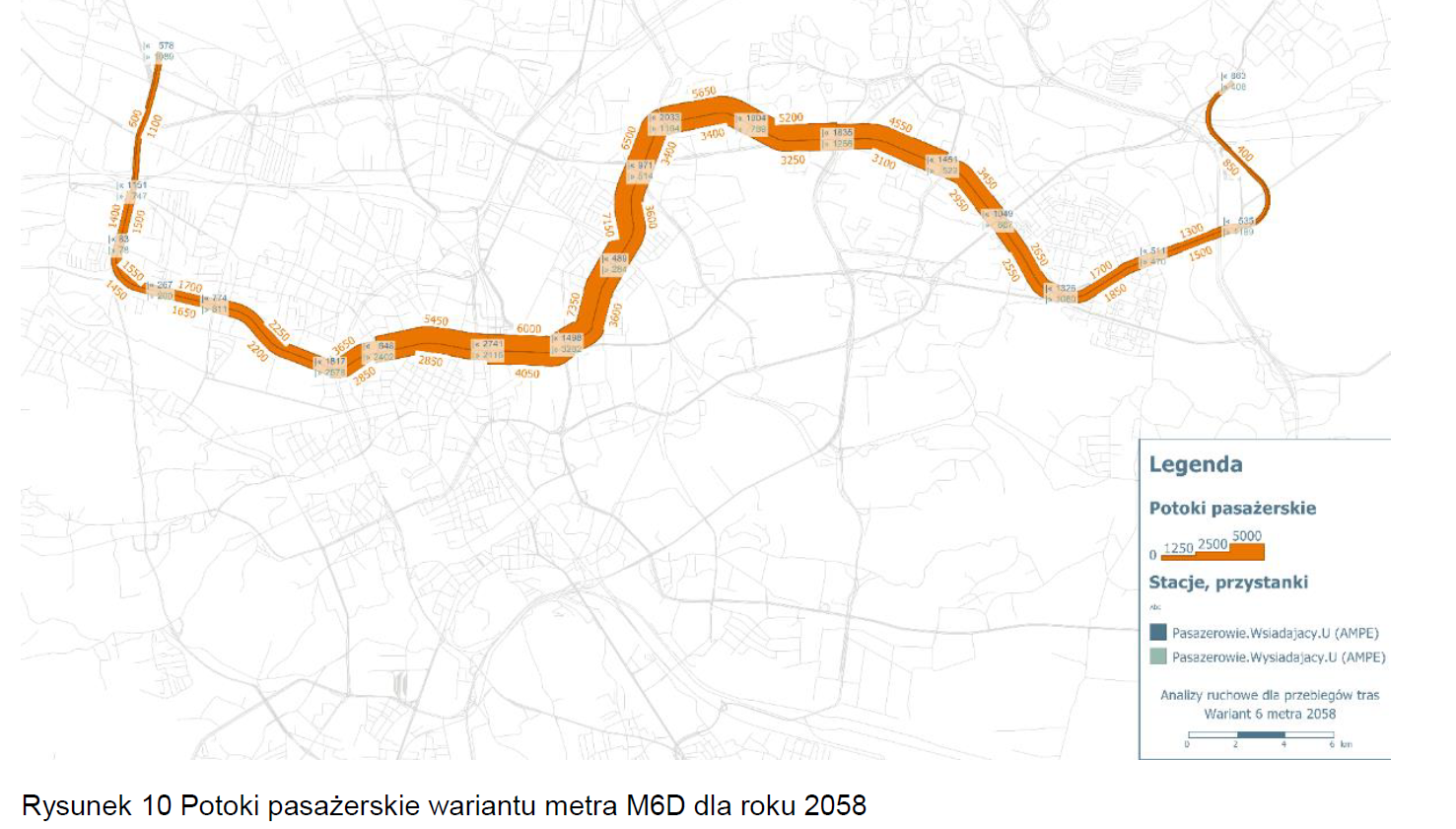 Przewidywane potoki pasażerskie dla wariantu M6D. Dla pozostałych wariantów osięgnięto niższe wartości. Źródło: Studium wykonalności budowy szybkiego, bezkolizyjnego transportu szynowego w Krakowie.