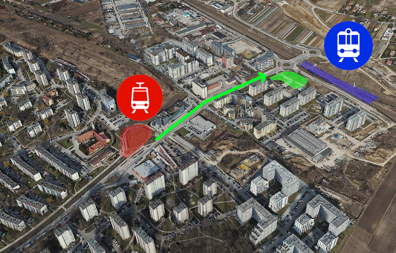 Wizualizacja brakującego fragmentu torowiska tramwajowego. Źródło podkładu 3d: Miejski System Informacji Przestrzennych